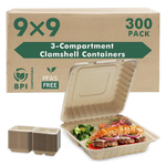 300-Pack 9X9 3-Compartment 100% Compostable Food Containers