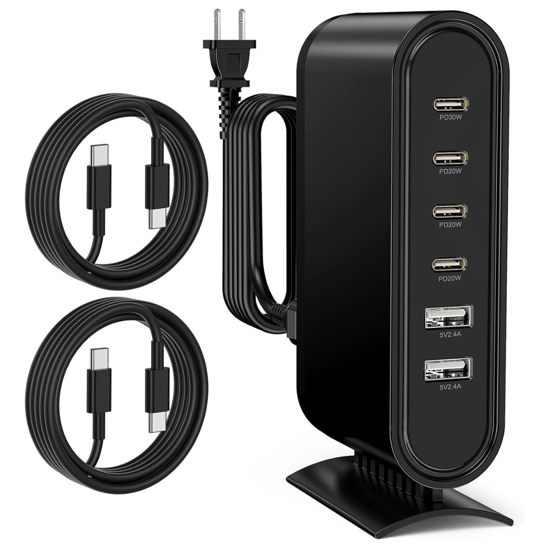 96W Six Port USB C Multi Charger Station With Cables