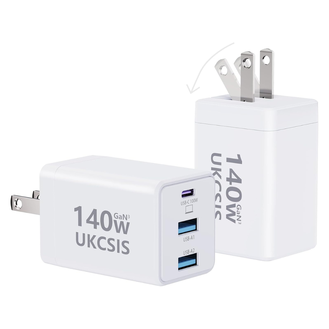 2-Pack MacBook 140W USB C Fast Charger 3 Port Foldable Adapter
