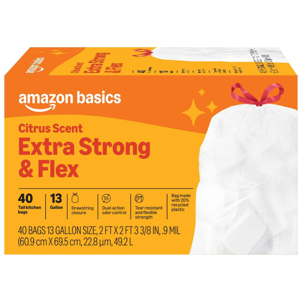 40-Count Amazon Basics Kitchen Drawstring Trash Bags (13 Gallon)