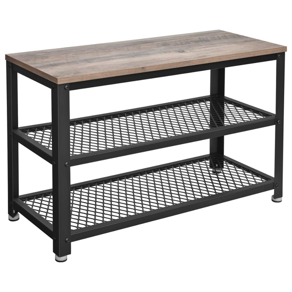3-Tier Shoe Shelf Storage Bench With Metal Mesh Shelves & Seat