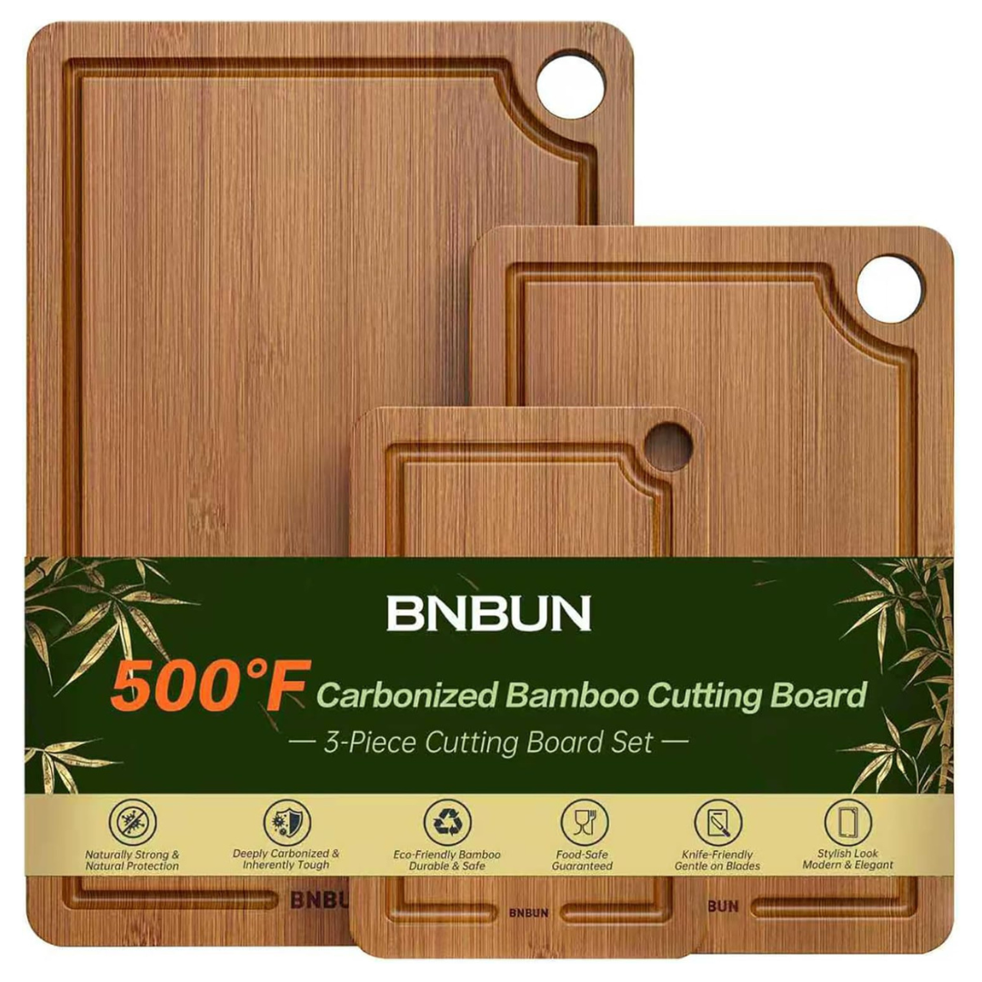 3-Piece Bamboo Cutting Board Set W/ Deep Juice Groove & Handles