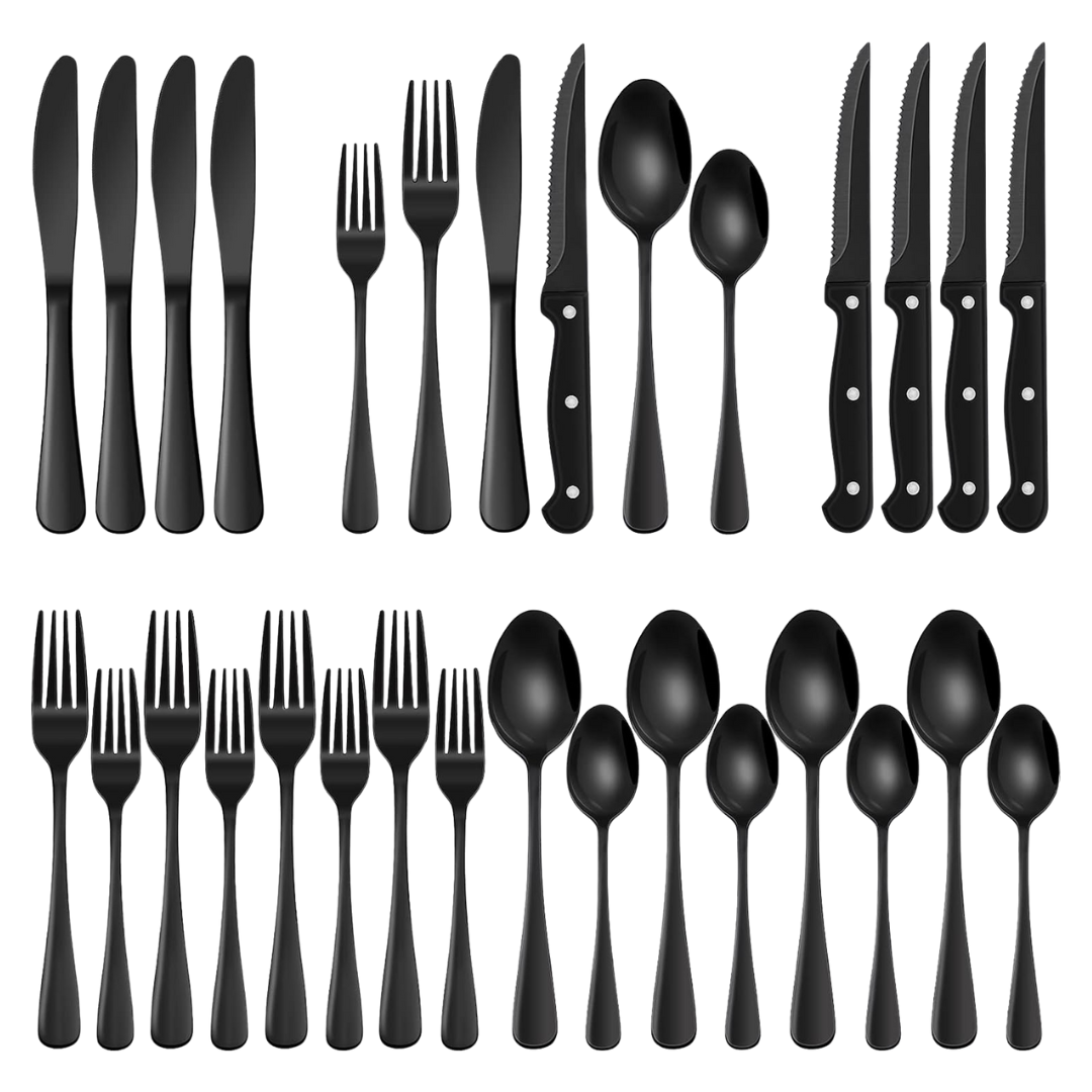 24-Piece Stainless Steel Black Flatware Set With Steak Knives