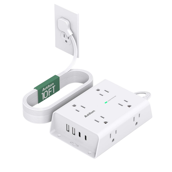 Addtam 10ft Flat Plug Extension Cord With Surge Protector