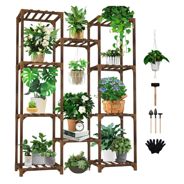 Wood 10-Tiers 11-Pot Plant Holder Shelf