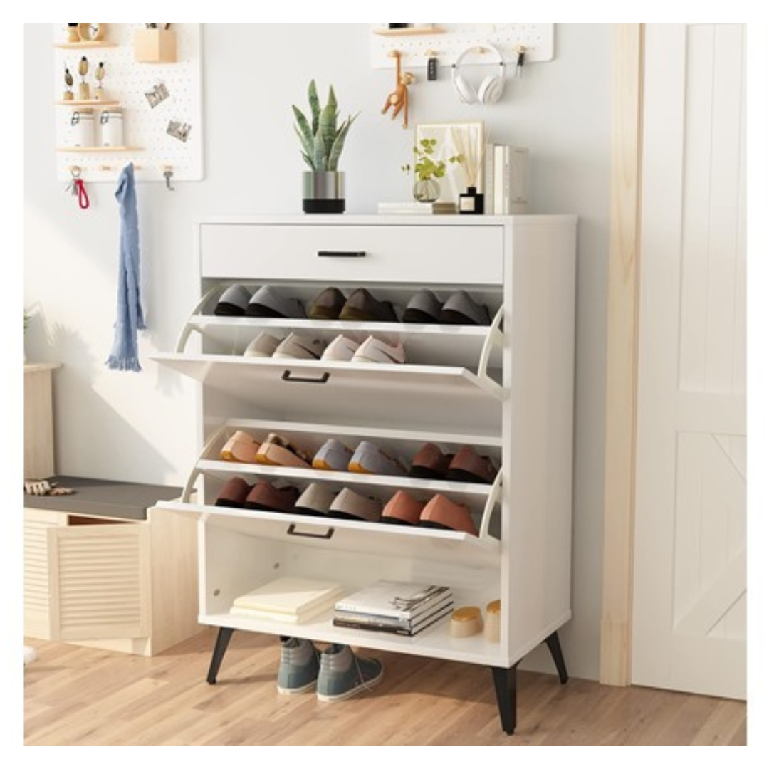 43.3" x 31.49" Shoe Organizer Cabinet W/ 2 Flip Cabinets & Open Shelves