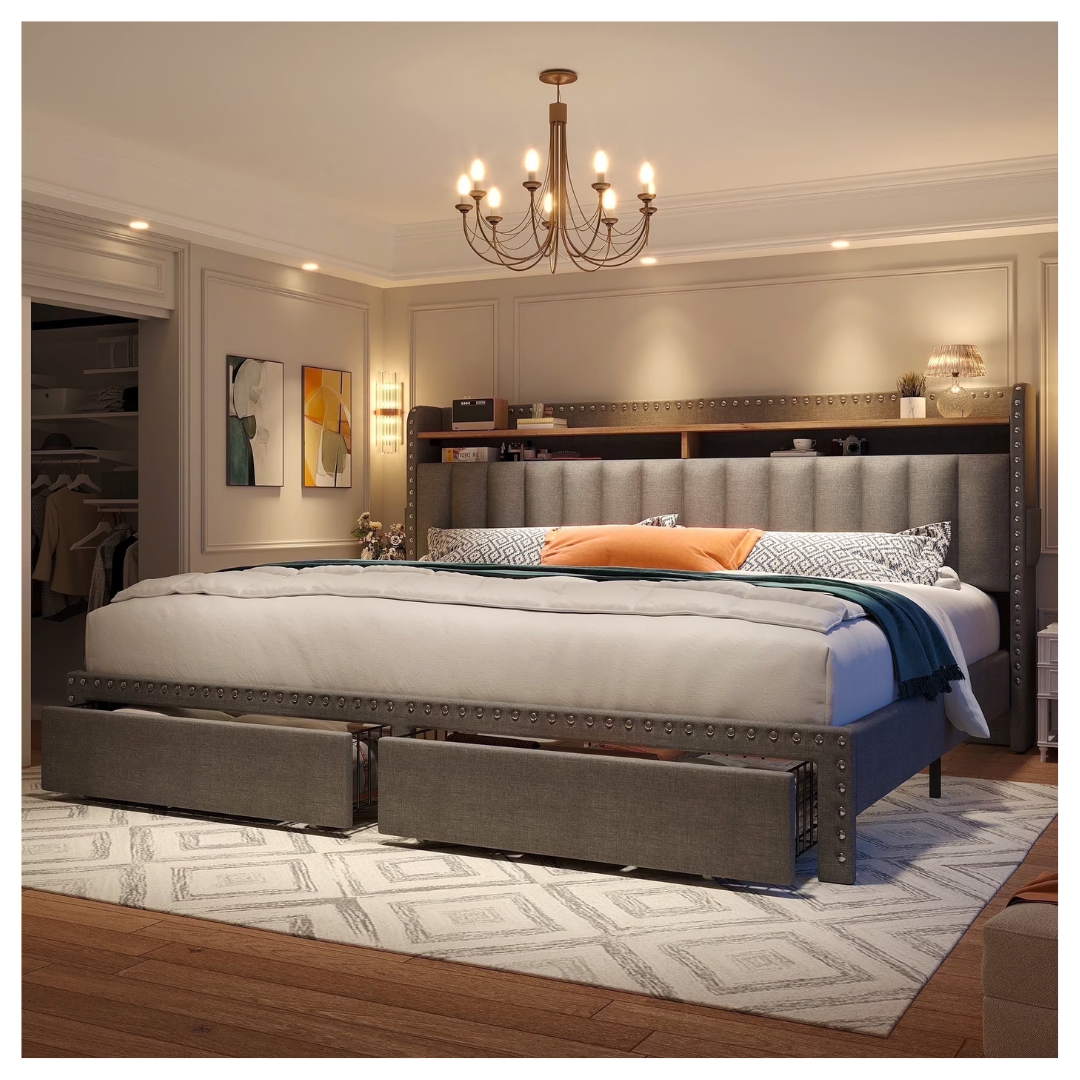 EnHomee Upholstered King Size Bed Frame With Headboard & Storage