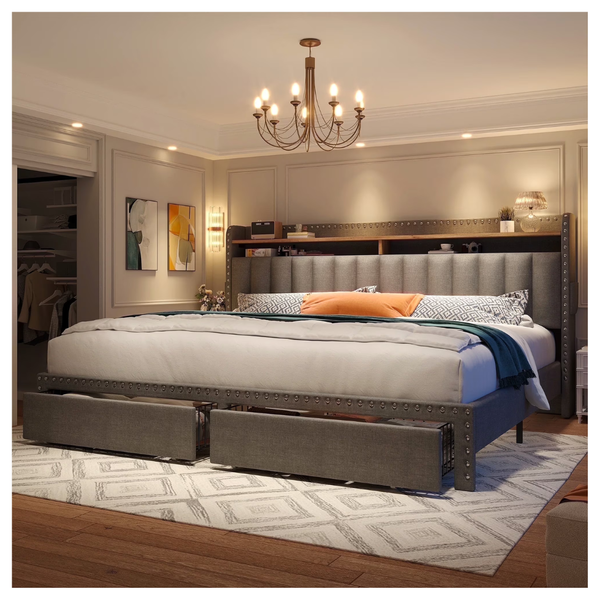 EnHomee Upholstered King Size Bed Frame With Headboard & Storage