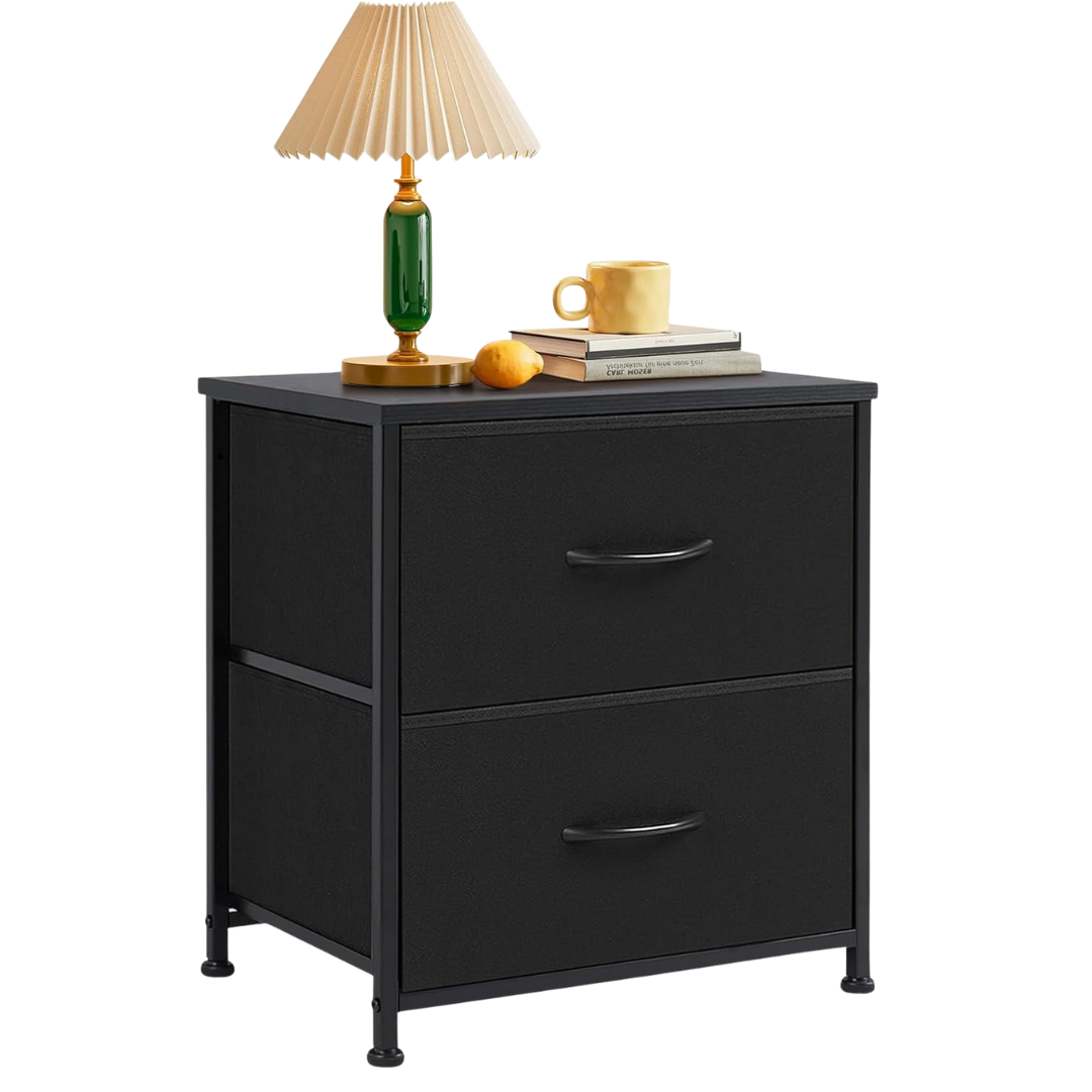 Small Nightstand with Wooden Top & Fabric Bins