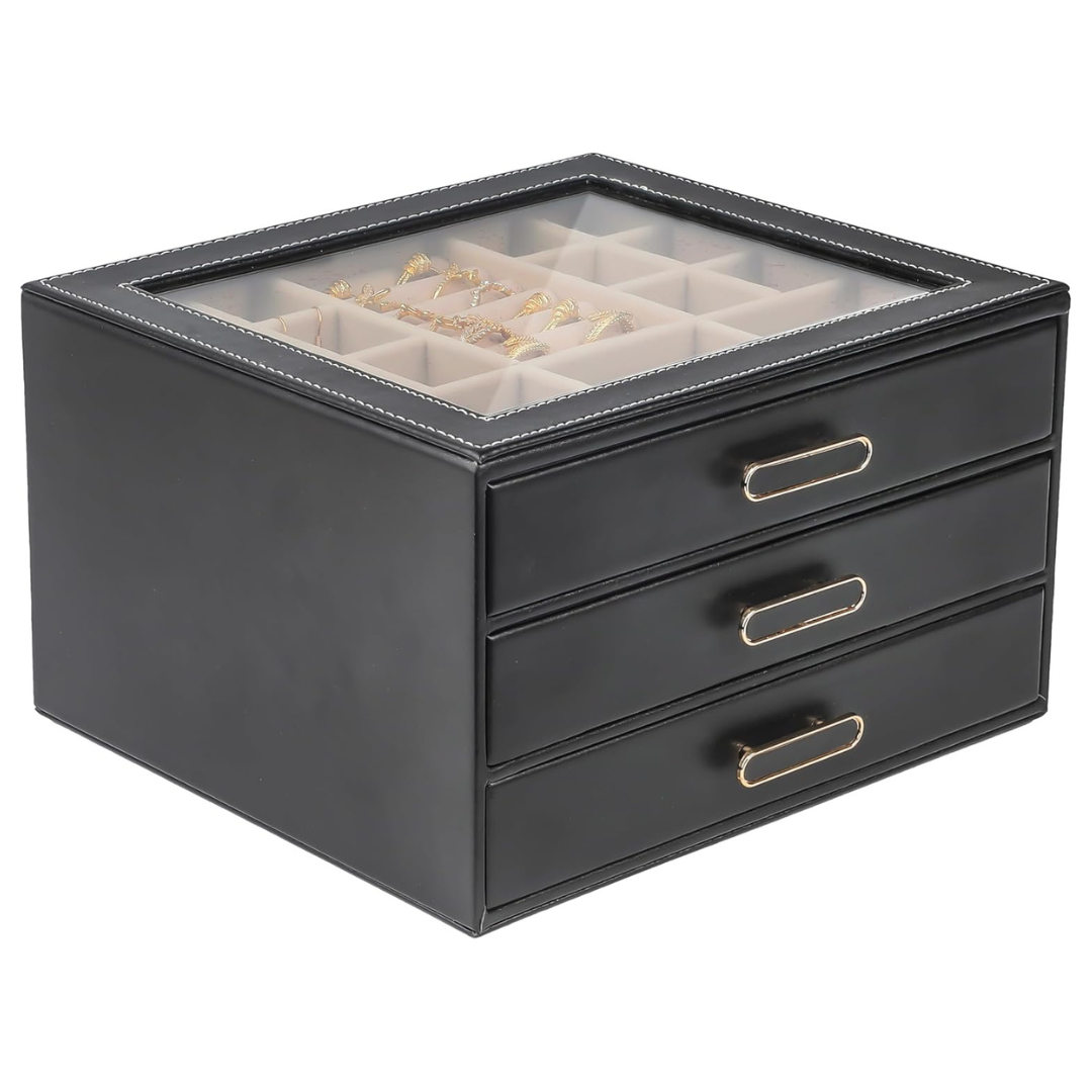 3 Layer Jewelry Organizer Box With Glass Lids & 3 Drawers