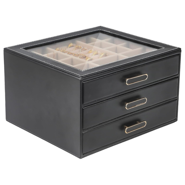 3 Layer Jewelry Organizer Box With Glass Lids & 3 Drawers
