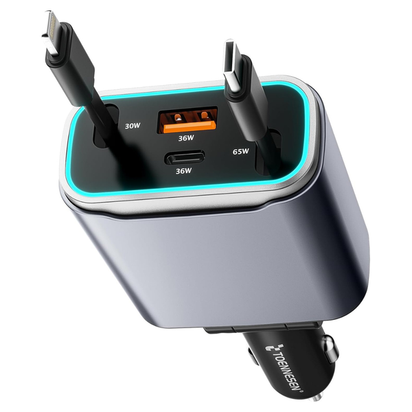 131W 4-In-1 USB-C Retractable Car Charger With Dual Cables
