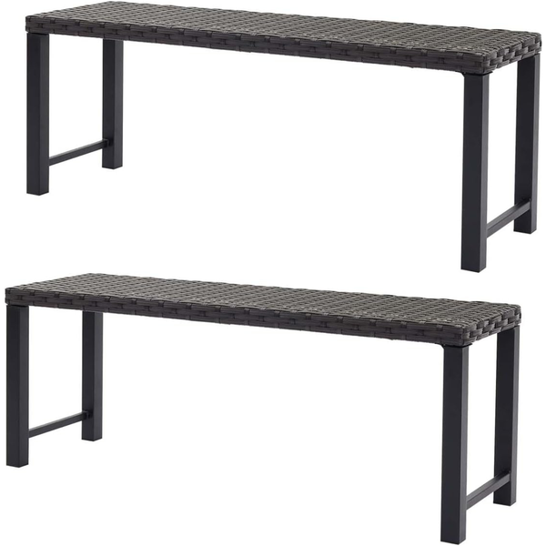 Set of 2 Puntogen 46" Black Rattan Bench with Metal Legs