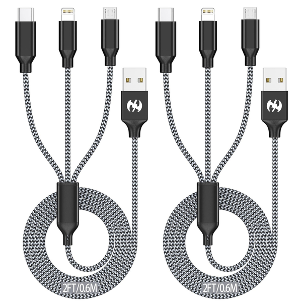 2-Pack 2ft Multi Charging 3 in 1 Charger Cord