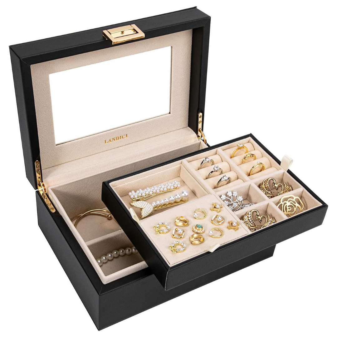 2 Layer Large Jewelry Organizer Box With Mirror