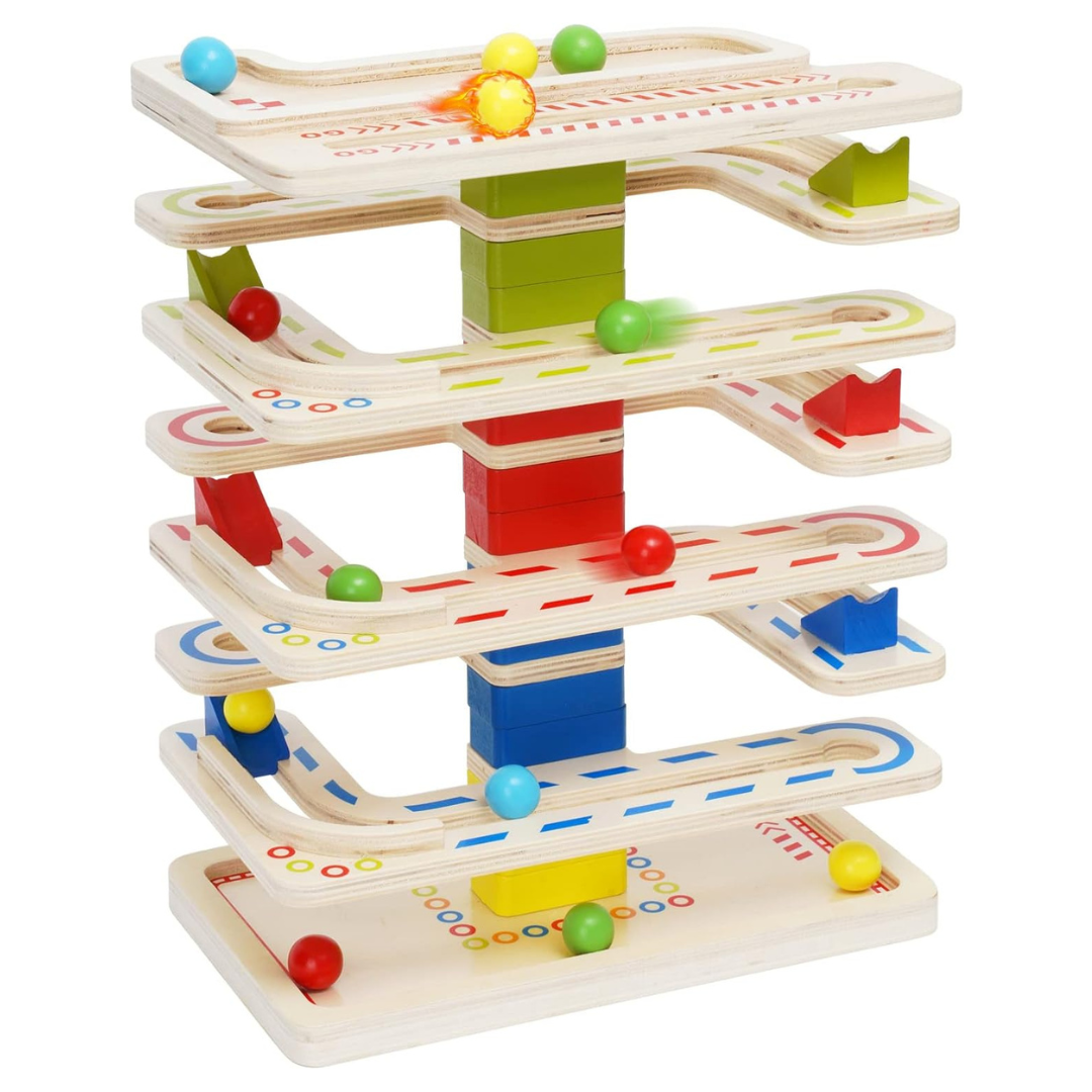 8-Tier Wooden Marbles Run Ball Drop Tower Toys W/ 16 Balls
