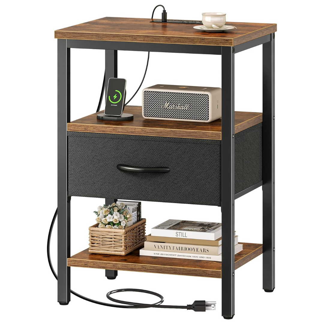 Superjare 3-Tier Bed Side Table With Charging Station