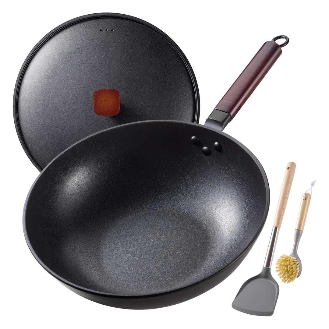 13" Carbon Steel Pre-Seasoned Nonstick Wok Pan W/ Lid Spatula & Dish Brush