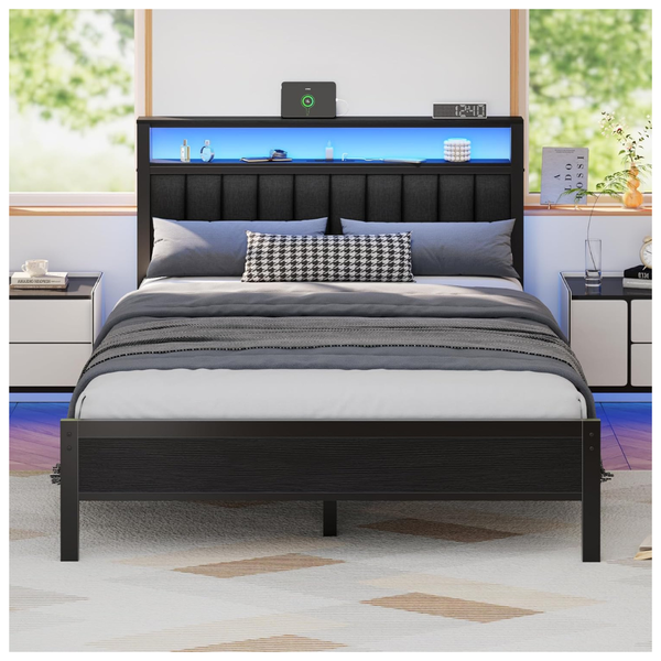 Furnulem Queen Size Bed Frame W/ Charging Station And LED Lights