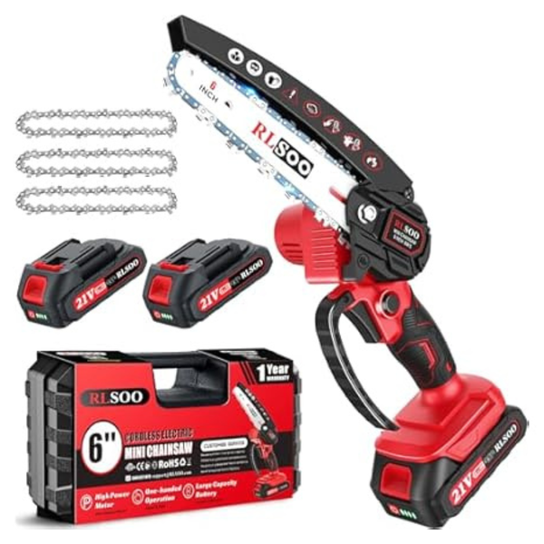 6" Cordless Electric Handheld Chainsaw W/ 2 Batteries, Charger & 3 Chains