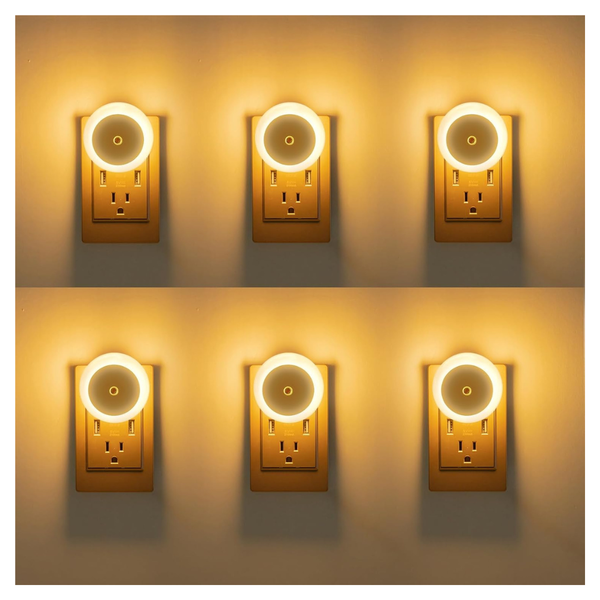 6-Pack Plug Into Wall LED Night Lights With Dusk To Dawn Sensors