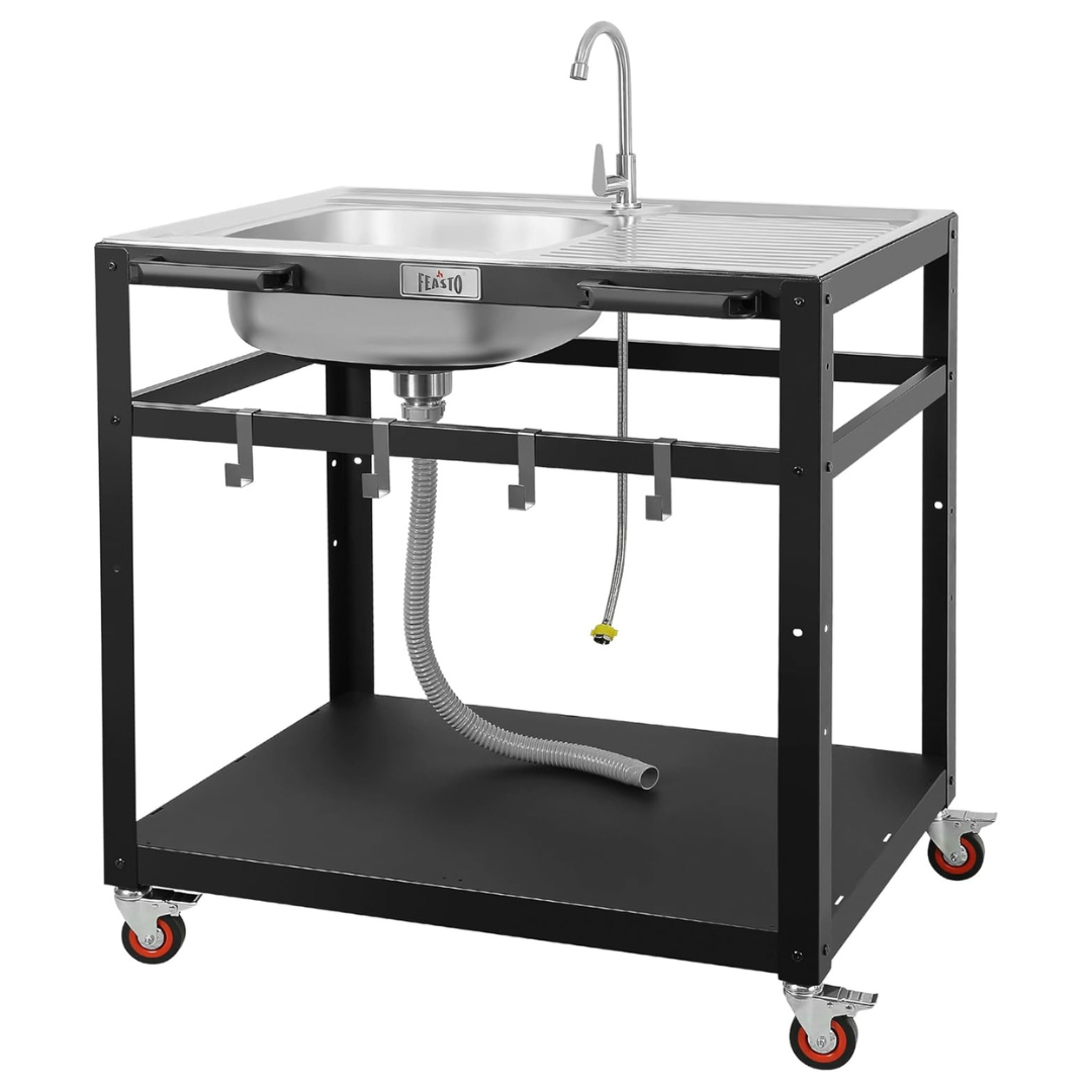 35" Outdoor Stainless Steel Sink Grill Cart With Faucet, Storage Shelves