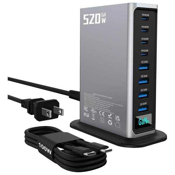 520W PD 3.1 100W 8-Port USB C GaN III Fast Charging Station