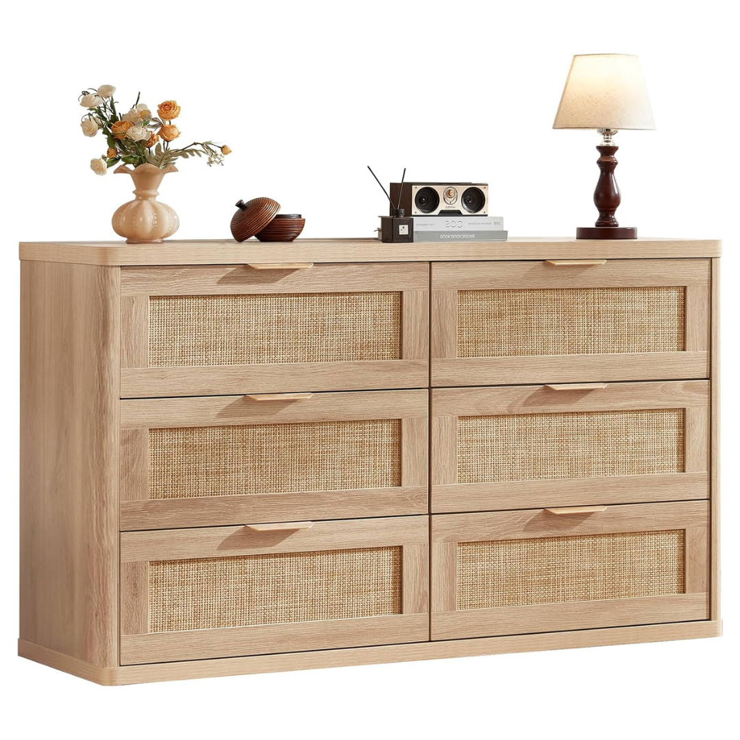 LEYAOYAO Rattan 54" Wide Natural 6 Drawer Dresser