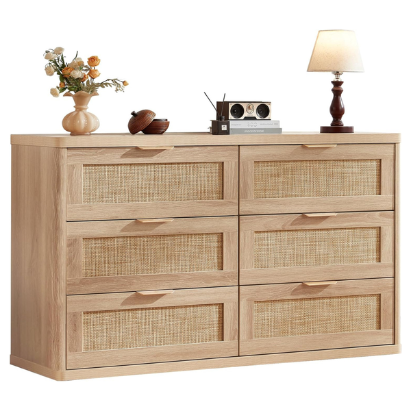 LEYAOYAO Rattan 54" Wide Natural 6 Drawer Dresser