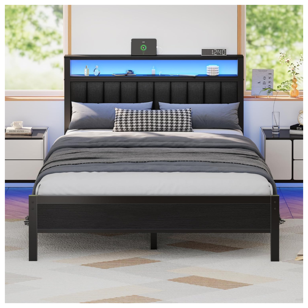 Furnulem Queen Size Bed Frame W/ Charging Station And LED Lights