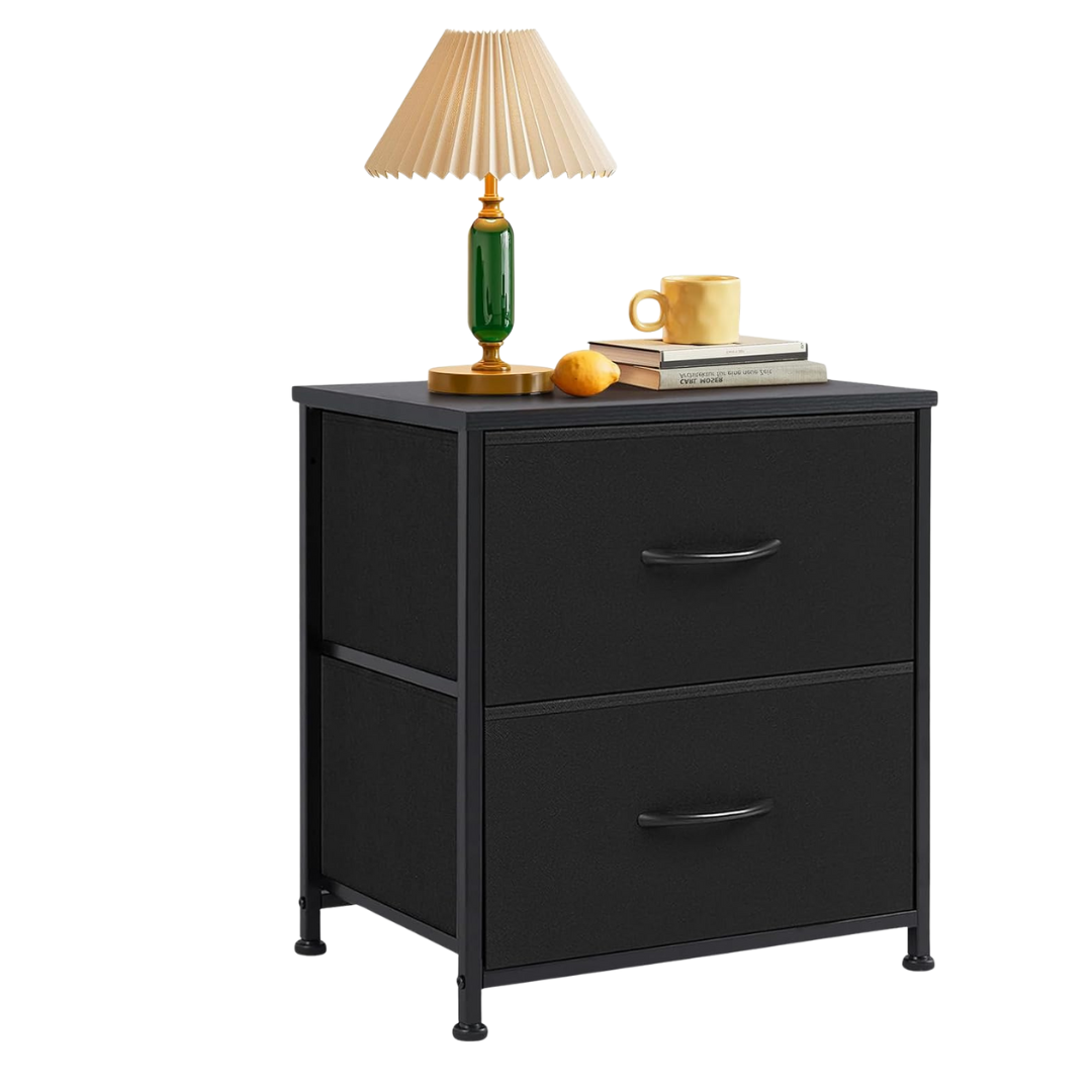 Small Nightstand With Wooden Top & Fabric Bins