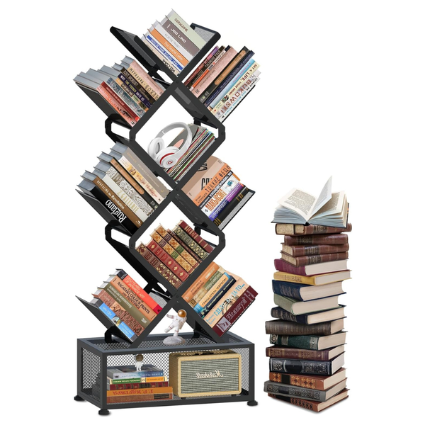 HI NINGER 9-Tier Tree Folding Bookshelf With Storage Cabinet