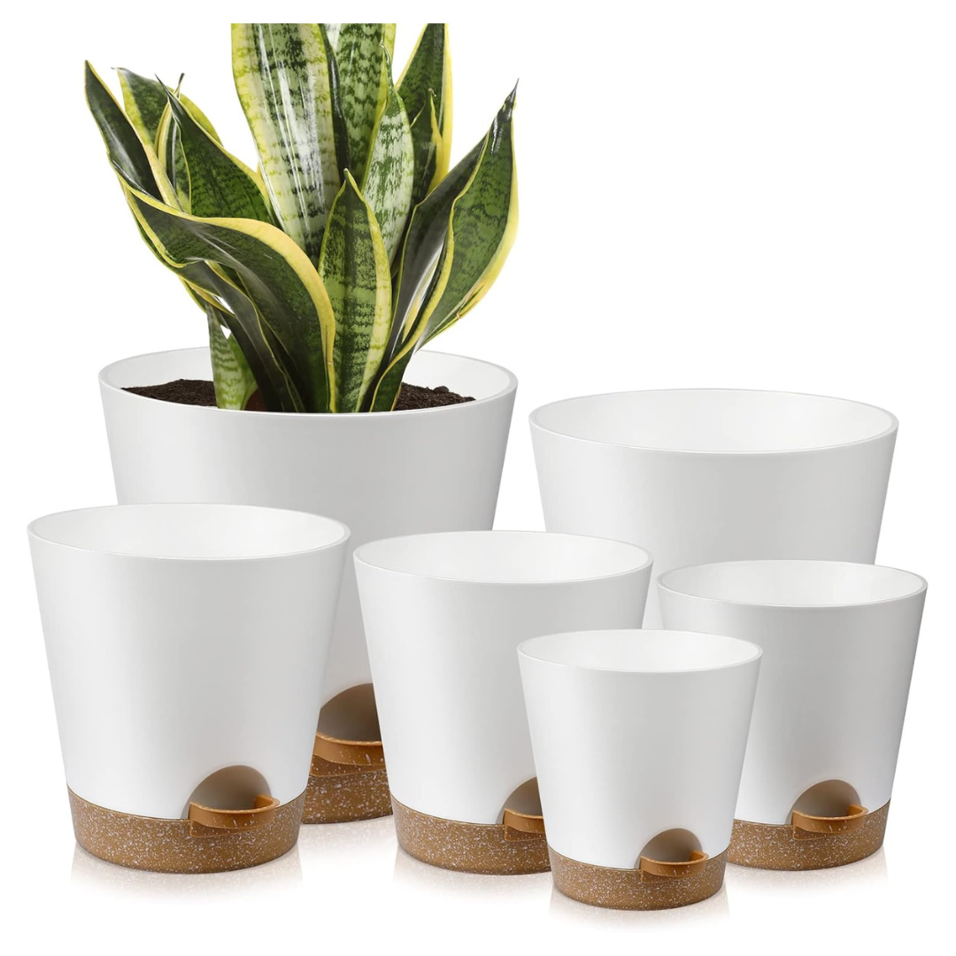 Set Of 6 Self Watering Indoor Plant Pots With Drainage & Saucers
