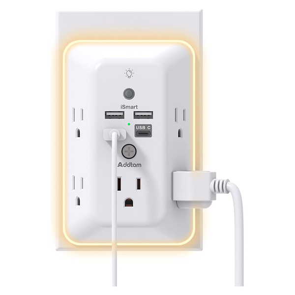 Addtam 5-Outlet USB Wall Charger Power Strip With Night Light