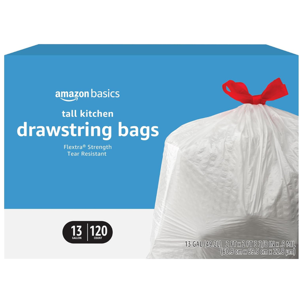 120-Count 13-Gal Amazon Basics Flextra Tall Kitchen Drawstring Trash Bags