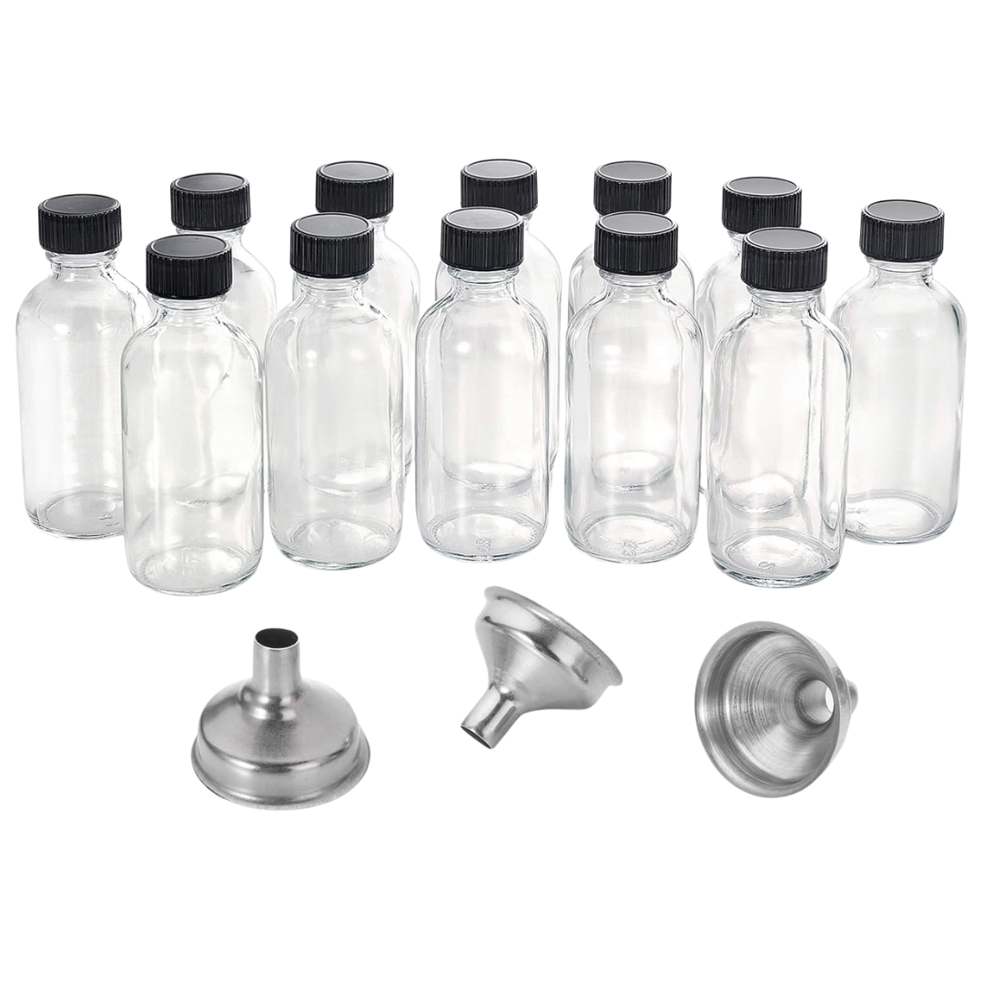 12-Pack Aozita 2oz Small Clear Glass Bottles With Lids & Funnels
