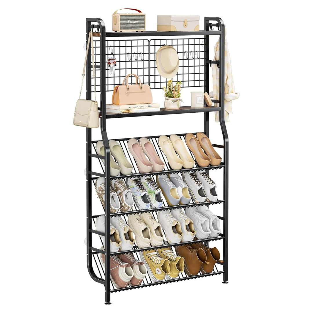 4-Tier Narrow Wall-Mounted Shoe Rack W/ 14 Storage Hooks