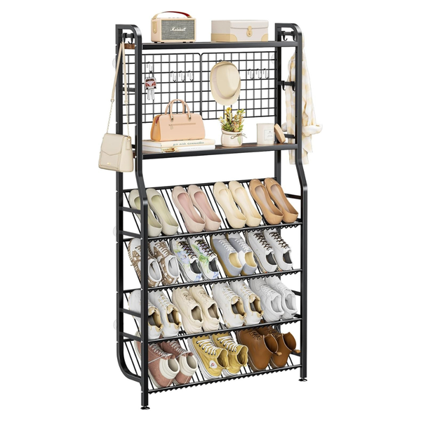 4-Tier Narrow Wall-Mounted Shoe Rack W/ 14 Storage Hooks
