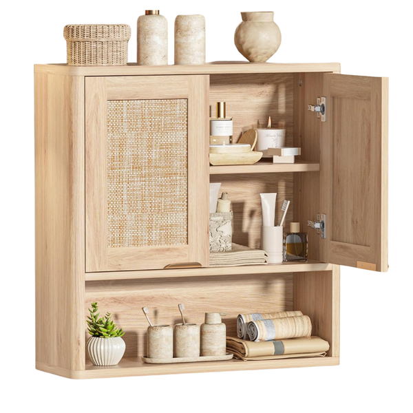 Rattan Bathroom Wall Cabinet W/ Doors & Adjustable Shelf