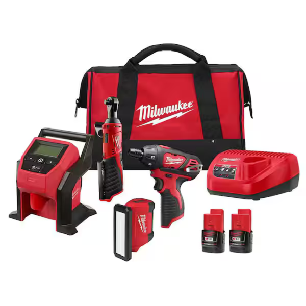 4-Tool Milwaukee M12 12V Combo Kit (Screwdriver, Ratchet, Inflator, Light, 2x 2.0Ah)