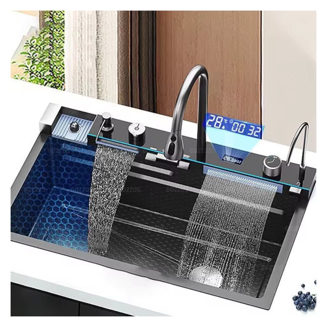 Stainless Steel Kitchen Digital Sink With Waterfall & Cup Washer