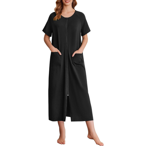 Women's Full Length Short Sleeve Zipper Robes With Pockets