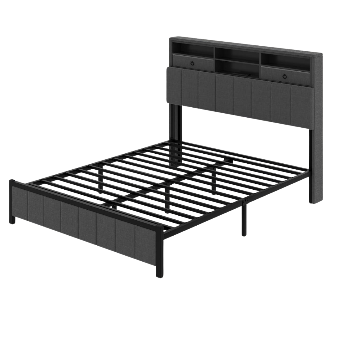 Full Size Bed Frame With Storage Headboard & LED Lights