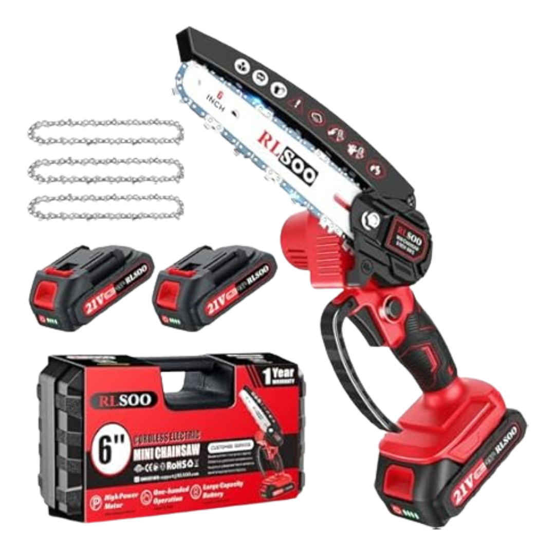 6" Cordless Electric Handheld Chainsaw W/ 2 Batteries, Charger & 3 Chains