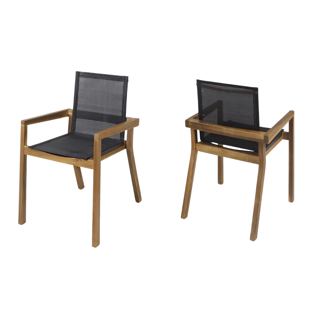 Set Of 2 Wooden Mesh Patio Dining Arm Chair In Teak