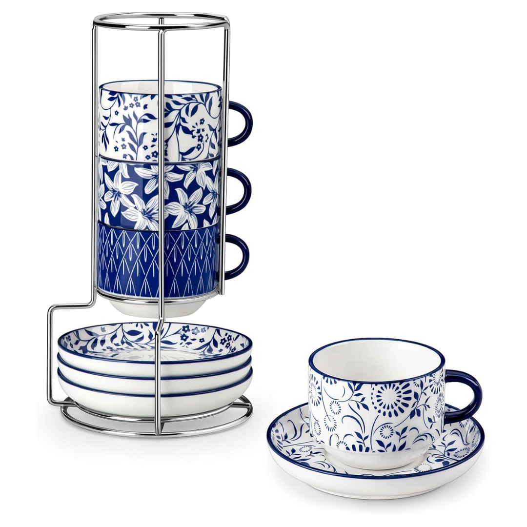 Set Of 4 8-Oz Stackable Porcelain Cappuccino Cups W/ Saucers & Metal Stand