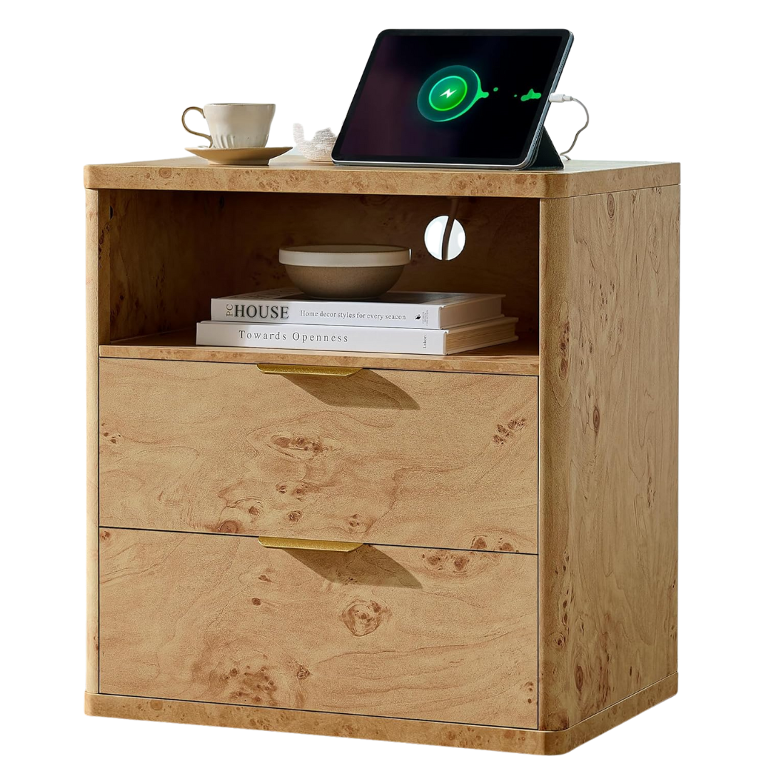 Awescuti 2 Drawers Burl Finish Nightstand with Charging Station