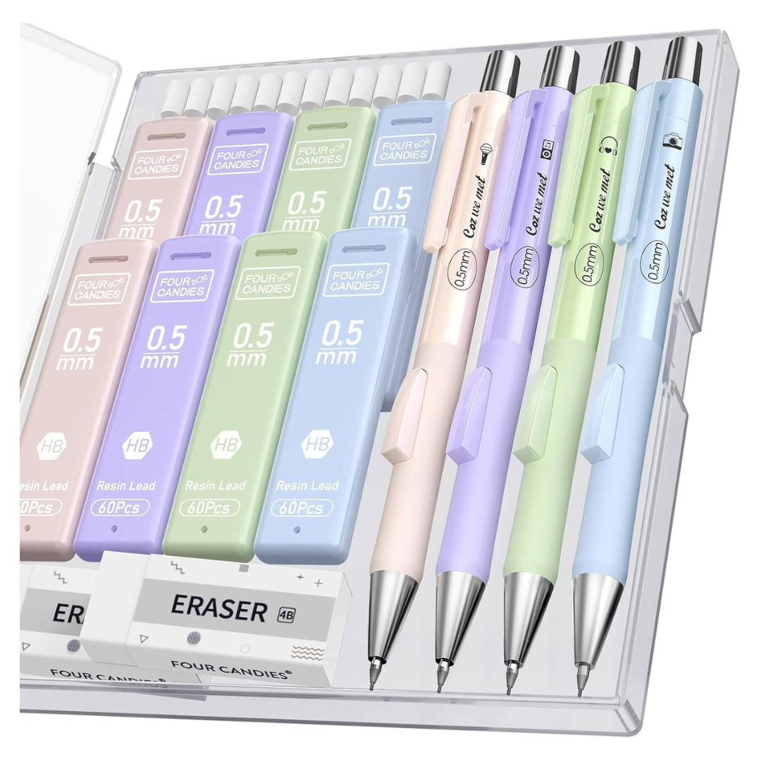 4-Piece Four Candies Mechanical Pencil Set W/ 480-Piece HB Lead Refills