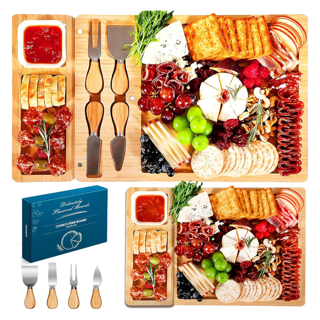 Easoger Large Bamboo Charcuterie Board With Drawers & 2 Ceramic Bowls