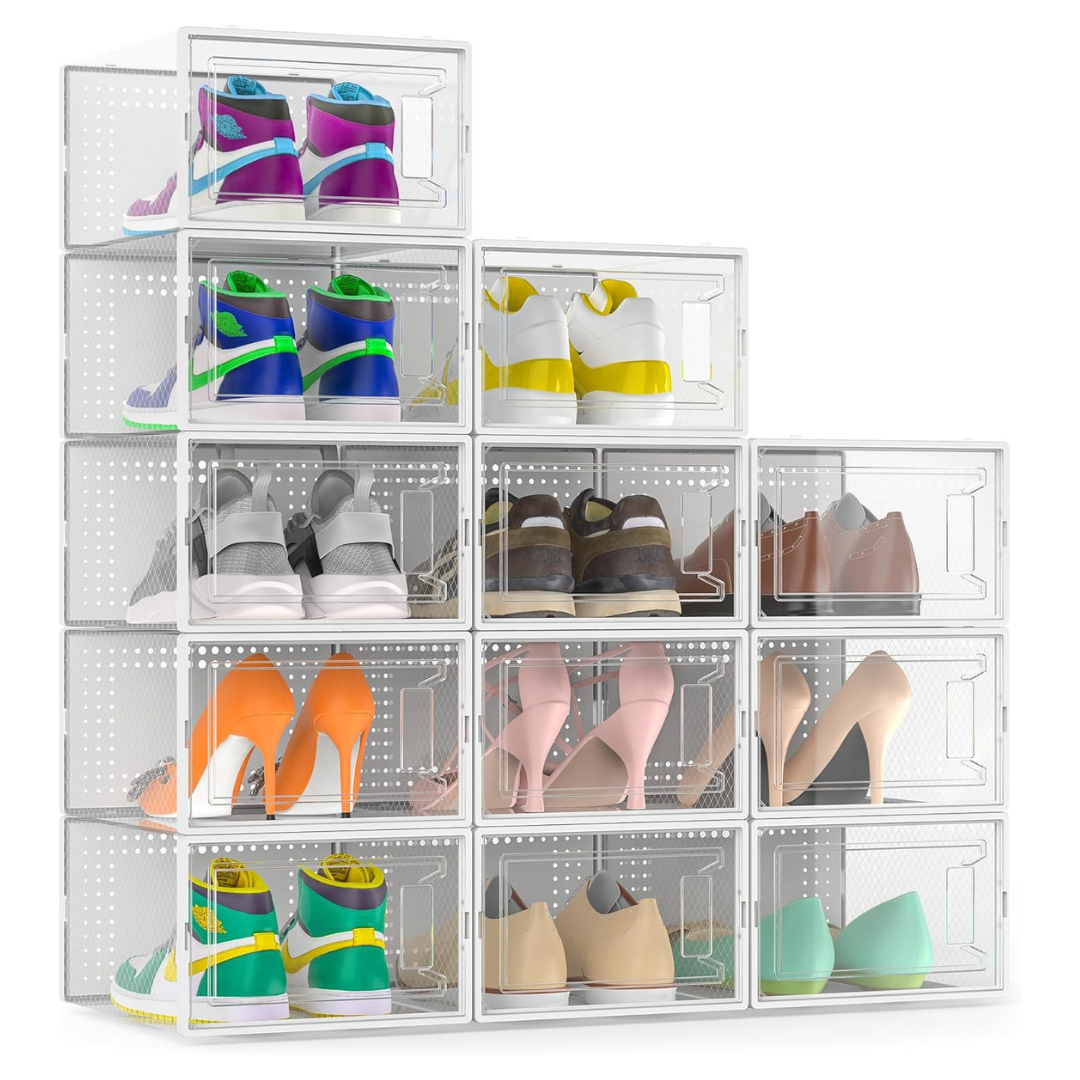 12-Pack Large Clear Plastic Shoe Organizer Boxes With Lids